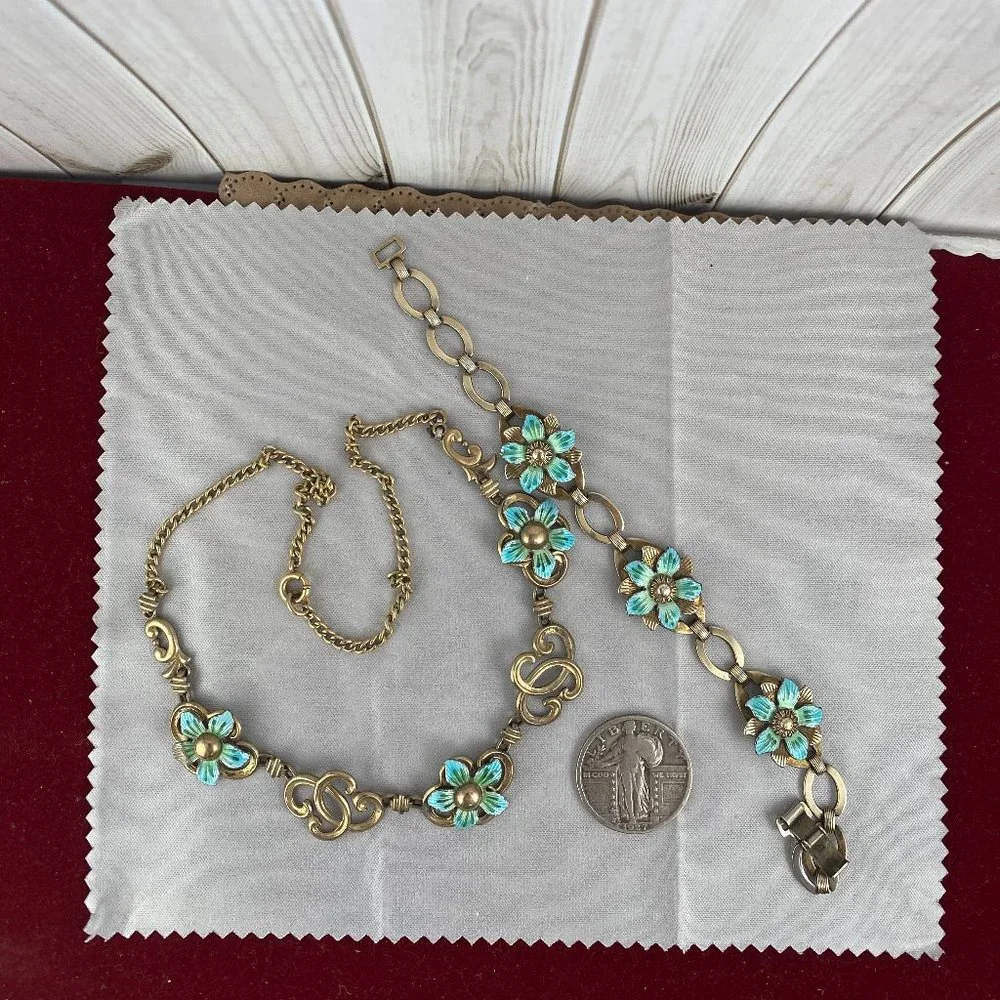 Vintage 1930s Gold Vermeil Necklace and Bracelet Guilloche Enamel Flowers - Picture 4 of 7